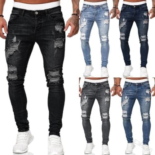 2021 Mens Sweatpants Sexy Hole Jeans Pants Casual Male Ripped Skinny Do Old Vintage Trousers Slim Biker Outwears Pants