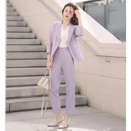 New Arrived Women Suit Fashion Slim Business Office OL Purple Jacket Set Formal Blazer + Pants Suit Feminino Female