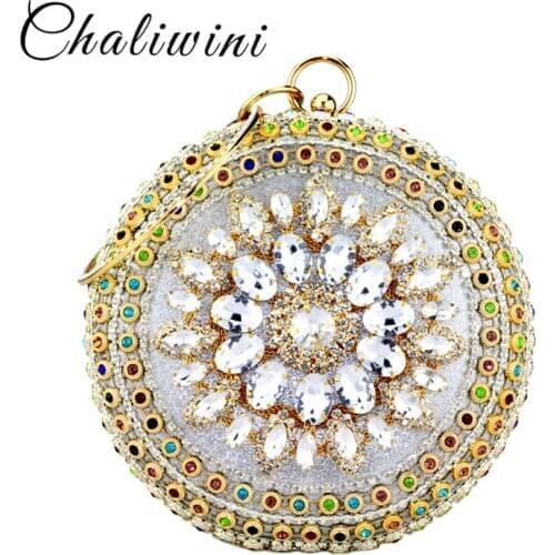 Chalivini New style Europe design round shape material sapphire diamond shoulder round handbags lady party bags wristlets purse