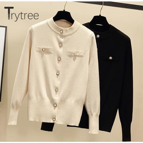 Trytree 2020 Autumn Winter Women Sweater Casual O-Neck Single Breasted Solid Computer Knitted 2 Colour Office Lady Sweater