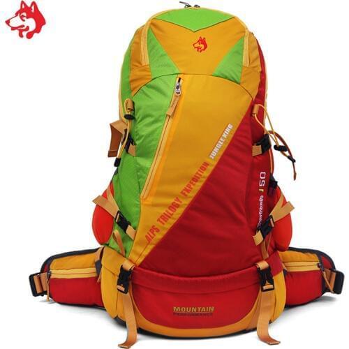50L Hot Sale Yellow/Brown/Blue Waterproof Multifunctional Camping Backpack bag with Splicing color hiking backpack