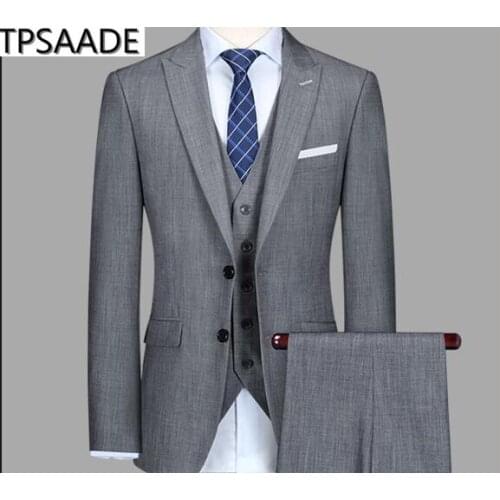 Slim Fit WeddingTuxedos Grey Groom Suits Custom Made Groomsmen Best Man Prom Party Suits Jacket Pants (Jacket+Pants+Vest)