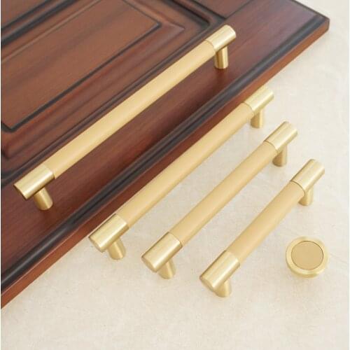 3.75" 5" 6.3" 8.8" Beige Leather Door Pull Handles Copper Cabinet Knobs Round Dresser Knob Brass Drawer Handle 96 128 160 224mm