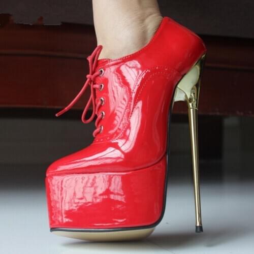 Fashion 22CM Ultra High Heel Women Pumps Sexy Fetish Pointed Toes Lace Up Gold Metal Heel 6Cm Platform Shoes 36-46