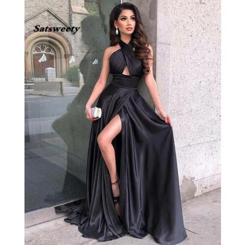 Unique Black Halter Neck Satin Long Prom Dress with High Slit Sexy Formal Evening Dresses 2021 robe soiree Dubai Evening Gowns