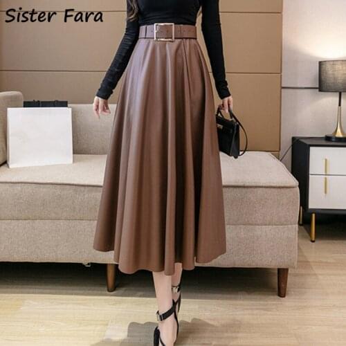 Sister Fara 2021 Autumn Winter Faux PU Leather Long Skirts Women High Waist with Belted Ladies Mid-calf PU Leather A-line Skirts