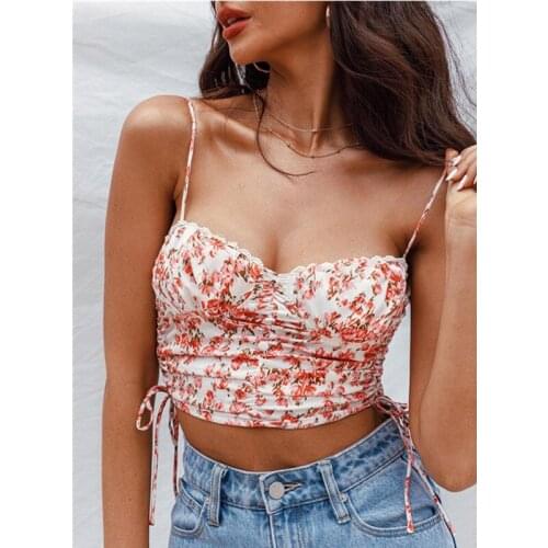 Women Summer Sexy Camisole Floral Tank Crop Drawstring Ruched Sleeveless Top Base Shirt Female Y2K Spaghetti Straps Clothing