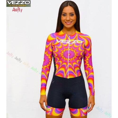 New VEZZO Monkey Cycling Womens Long Sleeve Shorts Jumpsuit Womens Cycling Summer Suit Triathlon High Quality Lycra 9D Gel Pad