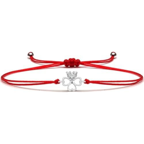 White Cubic Zirconia Rhodium Plated Four Leaf Clover Lucky Charm Bracelet For Women Black Red String Handmade Jewelry Present