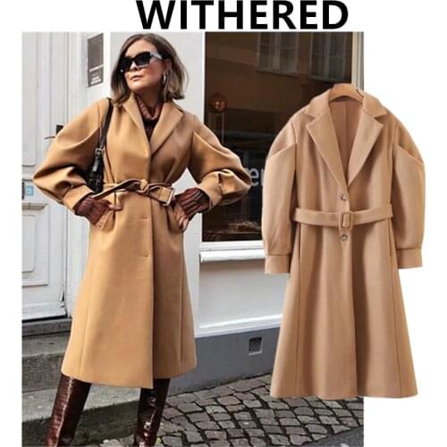 Dave&Di winter instagram fashion blogger vintage puff sleeve oversize khaki loose long coat woolen overcoat women