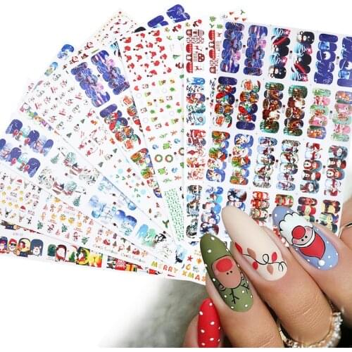 12pcs Christmas Winter Nail Sticker Santa Claus Elk Snowman Gift Water Transfer Slider Full Wrap Xmas Cartoon Decal