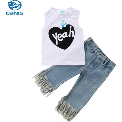 2018 Kids Baby Boys Girls Unisex Casual Tassels Vest Top Sleeveless T-shirt Jeans Denim Tassel Pants Outfits Fashion Clothes