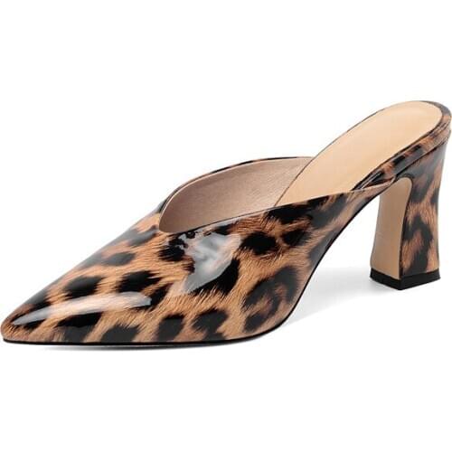 2020 Thick High Heels Ladies Mules Shoes Pointed Toe Leopard Zebra Pattern Summer Casual Party Shoes Women Pumps