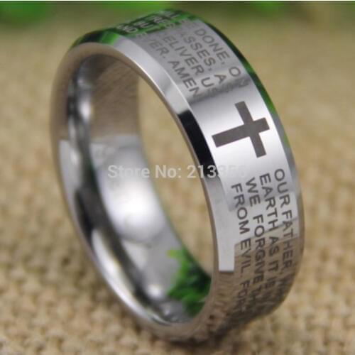 Cheap Price Free Shipping 2013 USA Hot Selling 8MM The Lord Prayers Polish Silver Beveled Tungsten Ring Mens' Wedding Band Ring