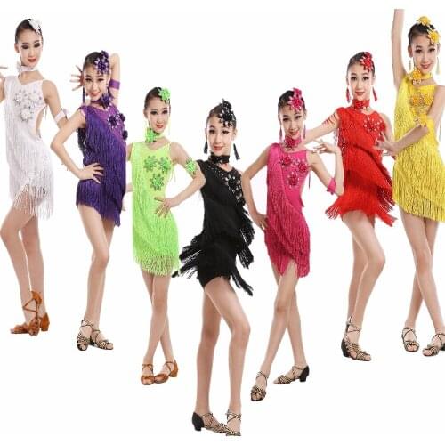 Child Tassels Latin Dance Ballroom Girls Samba Salsa Dresses Sequin Costumes Children Tango Dress for Kids Latino Cha Cha dress