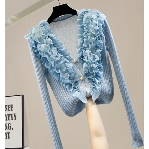 Long Lady Cardigan Beaded Diamond Sweet Flower V-neck Single-Breasted Cardigans Hollow All-match Womens Loose Sweater Coat