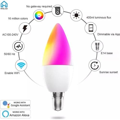 HIMOJO alexa tuya smart life vintage colorful 5W E14 4000k wifi rgbw candle bulb clear dimmable led light tuya smart light bulb