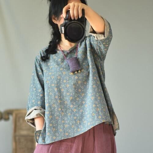 Johnature Fashion Flower Print Retro Plate Buckle V-neck Long Sleeve Shirt 2021 Autumn New Loose Leisure All-match Women Tops