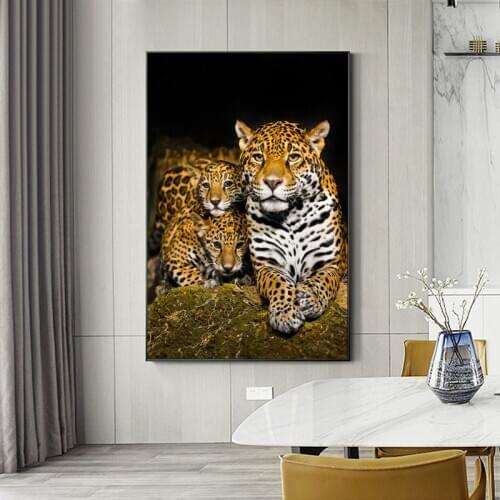 Wild Jaguars with Baby Jaguar Canvas Painting Wall Art Posters and Prints Family Animals Decorative Pictures for Living Room