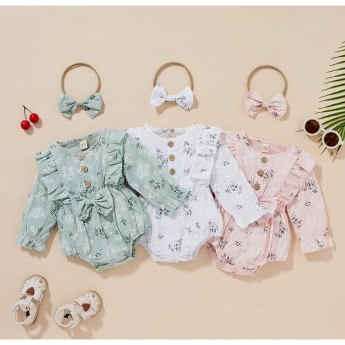 FOCUSNORM 0-18M Summer Baby Girls Boys Cute Rompers Headband Flowers Printed Ruffles Long Sleeve Jumpsuits Headband