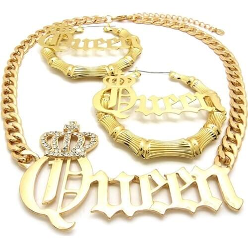 2020 Fashion Womens Customizable Name Queen Necklace Sexy Bamboo Pierced Earrings In Gold ToneCustomize Name for Women Gift