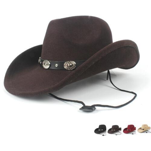 2019 Punk Wool Women Men Hollow Western Cowboy Hat Roll-up Brim Gentleman Outblack Sombrero Hombre Jazz Cap Wind Rope