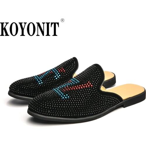 Luxury Diamond Men Slipper Mules For Man Brand Loafers Mens Leather Shoes Retro Flat Heel Party Slippers Slip On Chaussure Homme