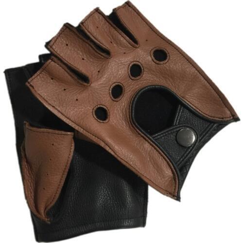 Fashion Men Deerskin Gloves Wrist Half Finger Driving Unlined Gloves Solid Adult Fingerless Mittens Real Genuine Leather