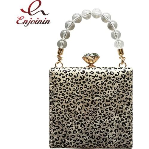 Leopard Pattern Transparent Beaded Pu Leather Daily Casual Ladies Crossbody Bag Women Purses and Handbags Shoulder Chain Bag