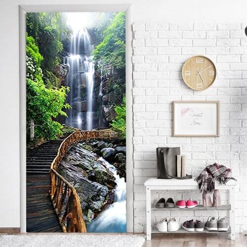 Natural Scenery Doors Decoration Wooden Bridge And Flowing Water Poster Self-Adhesive Waterproof Removable Wallpaper Home Decor