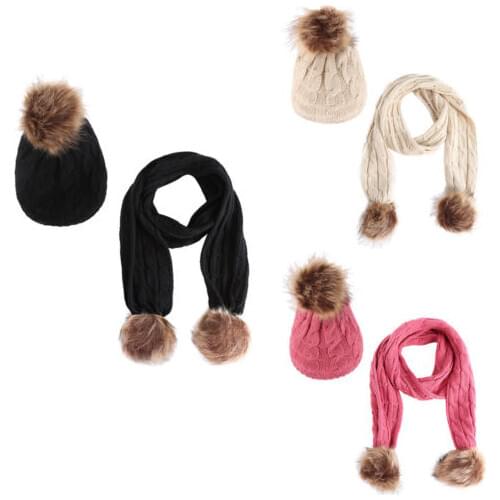 Newborn Baby Boy Girl Fur Pom Hat Winter Warm Knit Bobble Beanie Cap Scarf 2PCS