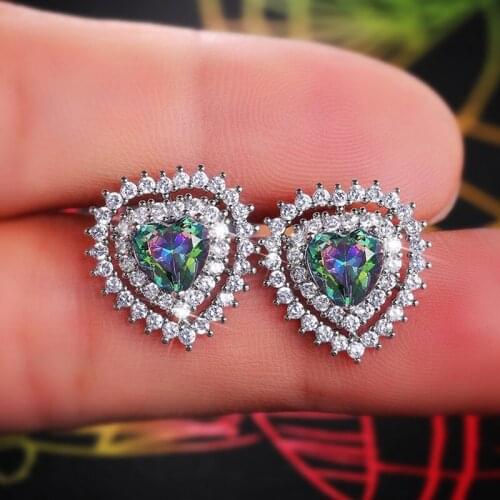 Cute Dazzling Heart Stud Earrings For Women Girls Shiny Rainbow Rhinestone Zircon Earrings Charm Female Bridal Wedding Jewelry
