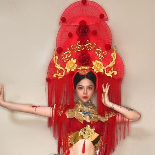 Special Retro Chinese Palace Bikini Fan-shaped Tassel Headdress GoGo Lead Dancer National Costume