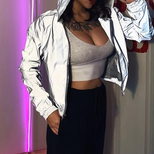 Reflective Jacket Hip Hop Streetwear Fashion Casual Hooded Coat Zippers 2020 Autumn Women Jackets Coats Girls Neon Plus Size