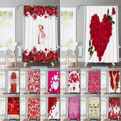 Rose Petal Printed Fabric Bathroom Shower Curtain Large 180x200cm Waterproof Pink Love Bath Curtains Valentines Day Decoration