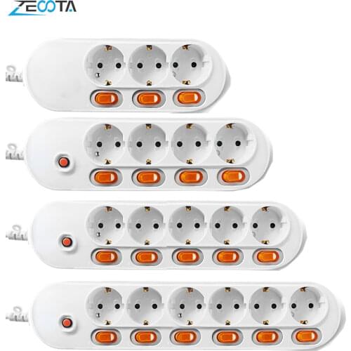 Power Strip Surge Protection EU Plug 3/4/5/6 Way Outlets 16A Electrical Extension Sockets Independent Control Switches 2m Cord