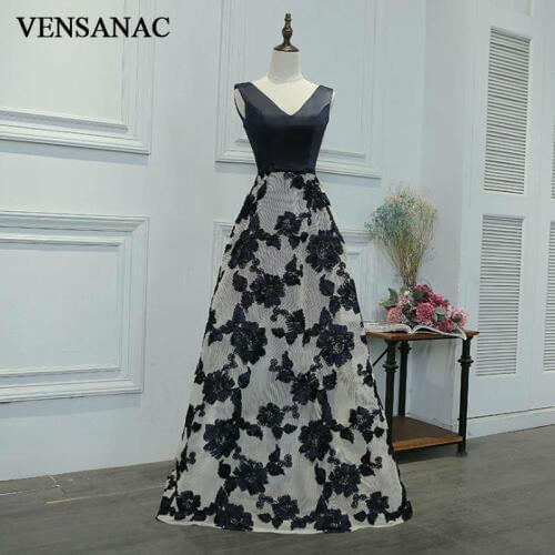 VENSANAC New 2017 Flowers V Neck Long Evening Dresses Sleeveless Elegant Embroidery Appliques Draped Tank Party Prom Ball Gowns