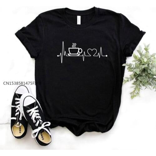 Coffee Heartbeat Lifeline Print Women Basic Tshirt Premium Casual Funny T Shirt For Lady Girl Top Tee Hipster
