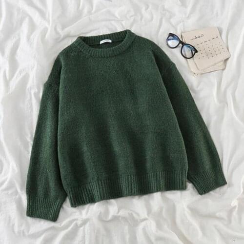 Knitted Pullover Sweater Women Casual O Neck Sweater Autumn Winter Loose Green Jumpers Solid Long Sleeved Warm Sueter Mujer
