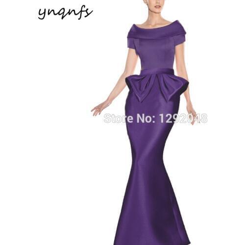 YNQNFS M151 Boat Neck Short Sleeves Satin Mermaid Purple Mother of the Bride Dresses Party Gown Formal Dress Women Elegant 2019