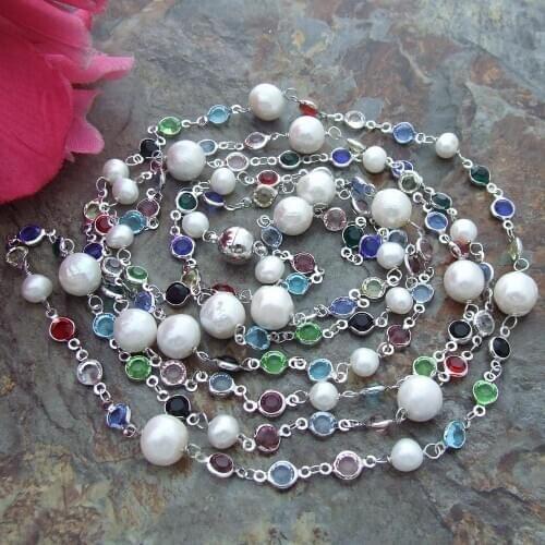 68'' White Round Keshi Freshwater Pearl multi color cz pave Chain long Necklace sweater chain necklace for women