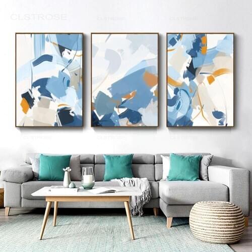 Abstract Watercolor Colored Stitching Blocks Poster Nordic Blue Canvas Print Wall Painting For Living Room Art Home Decor