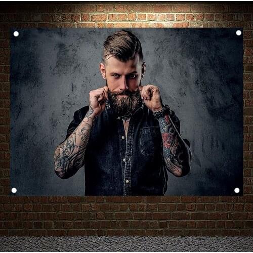 Boxing mens styling Men Striped Short Hairstyle With Beard Tattoos Posters Tapestry Banner Flag Wall Art Barber Shop Decor B2