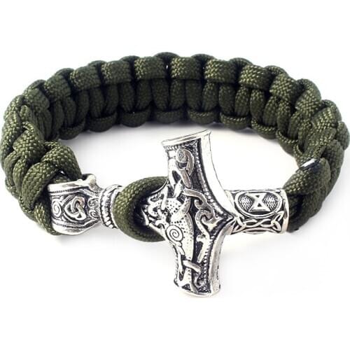 Viking Rune Bead Survival Bracelet Men Vintage Gold Thor Mjolnir Hammer Metal Handmade Woven Paracord Rope Bangles