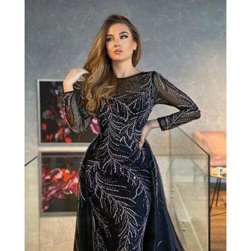 Evening Dresses Long Sleeves Black Luxury Host Dress Partydresses For Girls Gowns A-Line with Diamond Handmade Formal