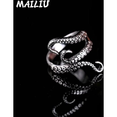 POFUNUO Cool Rings Titanium Steel Gothic Deep Sea Squid Octopus Ring Fashion Jewelry Opened Adjustable Size Top Quality