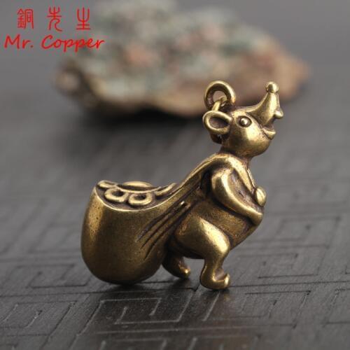 Copper Money Bag Mouse Statue Small Ornaments Chinese Lucky Animal Rat Feng Shui Home Decoration Vintage Brass Keyring Pendants