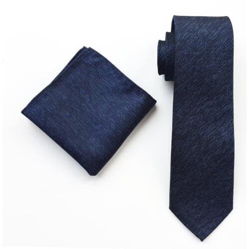 Gentlemen Necktie Set Navy Blue High Quality Woven Tie with Pocket Square
