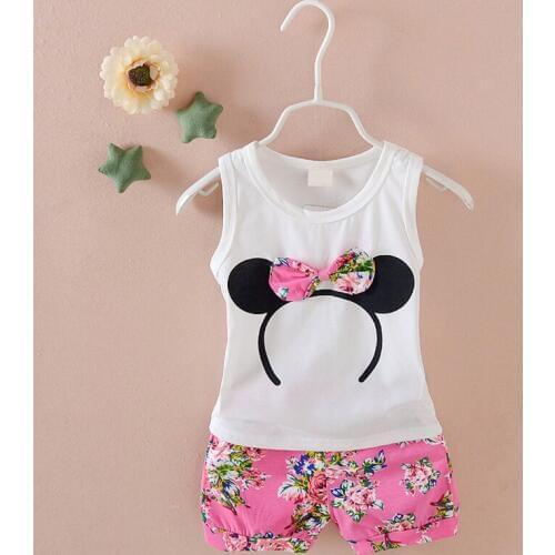 New Girls Clothes Summer Sleeveless Print Flower Cotton VEST+Pants 2pcs Sets Minnie Toddler Girl Clothes Children Clothing Suits