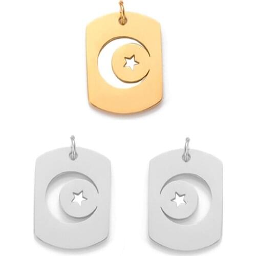 5Pcs/Lot Stainless Steel Night Sky Crescent Moon Star Dog Tag Pendant Bracelet Charms DIY Jewelry Making Findings Wholesale